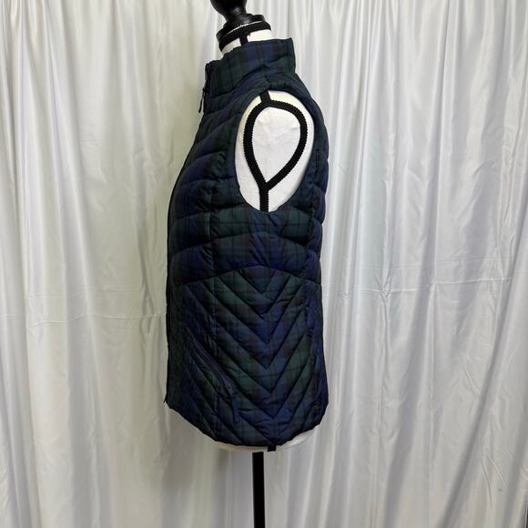 Talbots Petites Down Puffer Vest Plaid Green Blue Blackwatch Check Size P - Picture 2 of 8